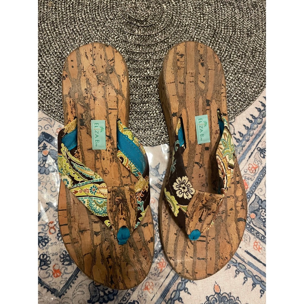 Eliza B Womens Cork Wedge Flip Flop Sandals Floral Paisley Print Brown Blue
